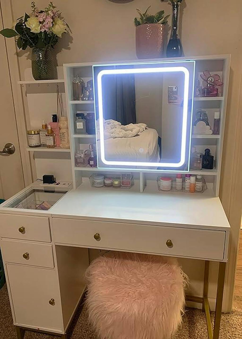 White Makeup Vanity with Visible Drawers