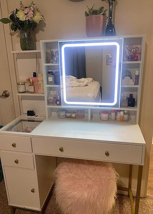 White Makeup Vanity with Visible Drawers