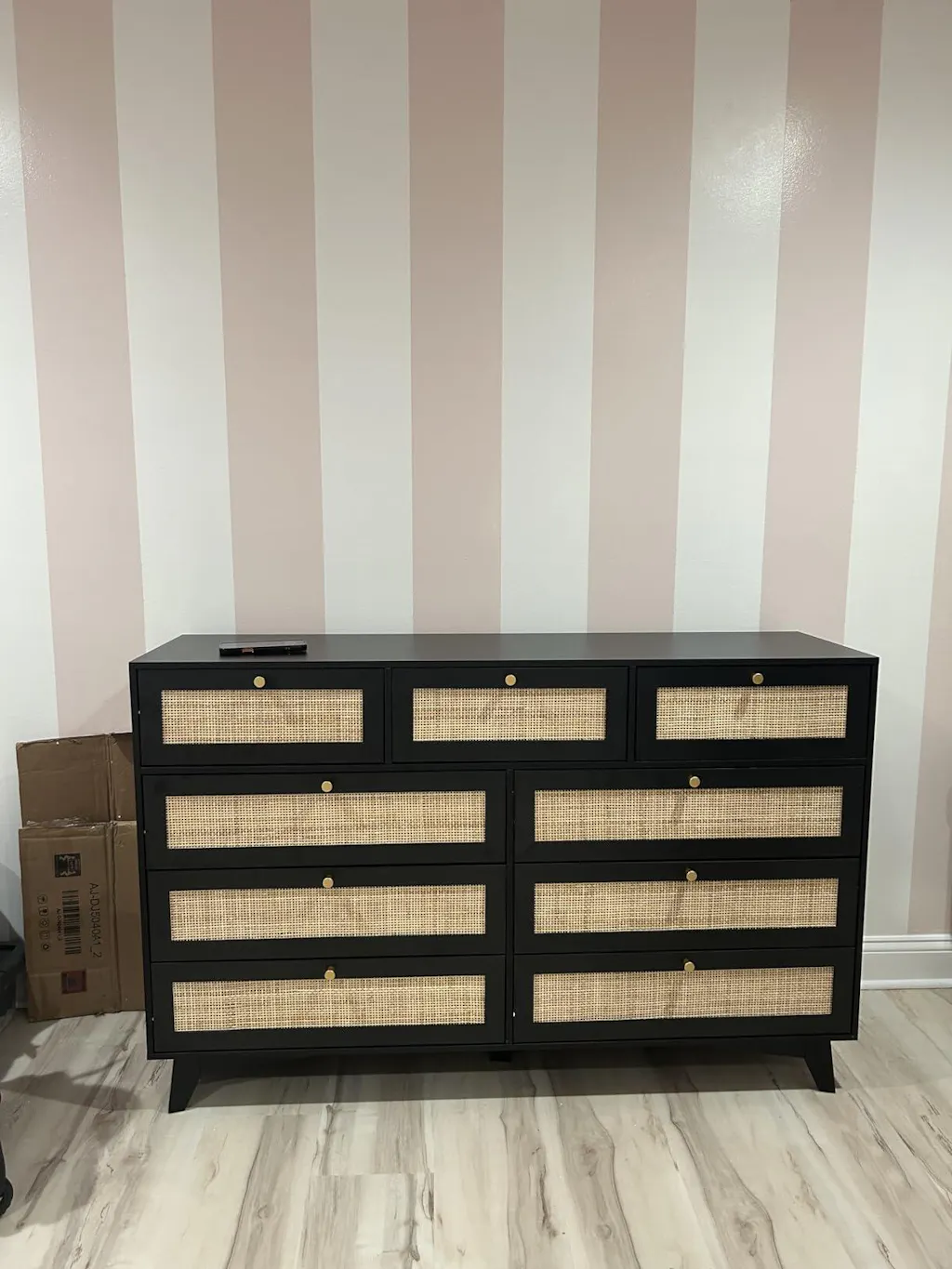 AOGLLATI 55.1" Dresser with 9 Drawer Modern Wooden Long Dresser Rattan Chest of Drawers with Metal Handle & Solid Wood Legs