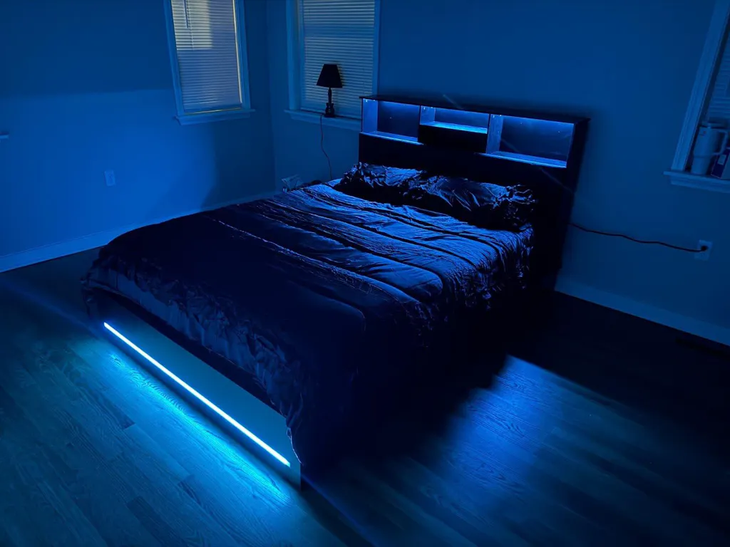 AOGLLATI Full Size Bed Frame with 4 Storage Drawers and Charging Station LED Lights Bed Frames with Stylish Bookcase Headboard