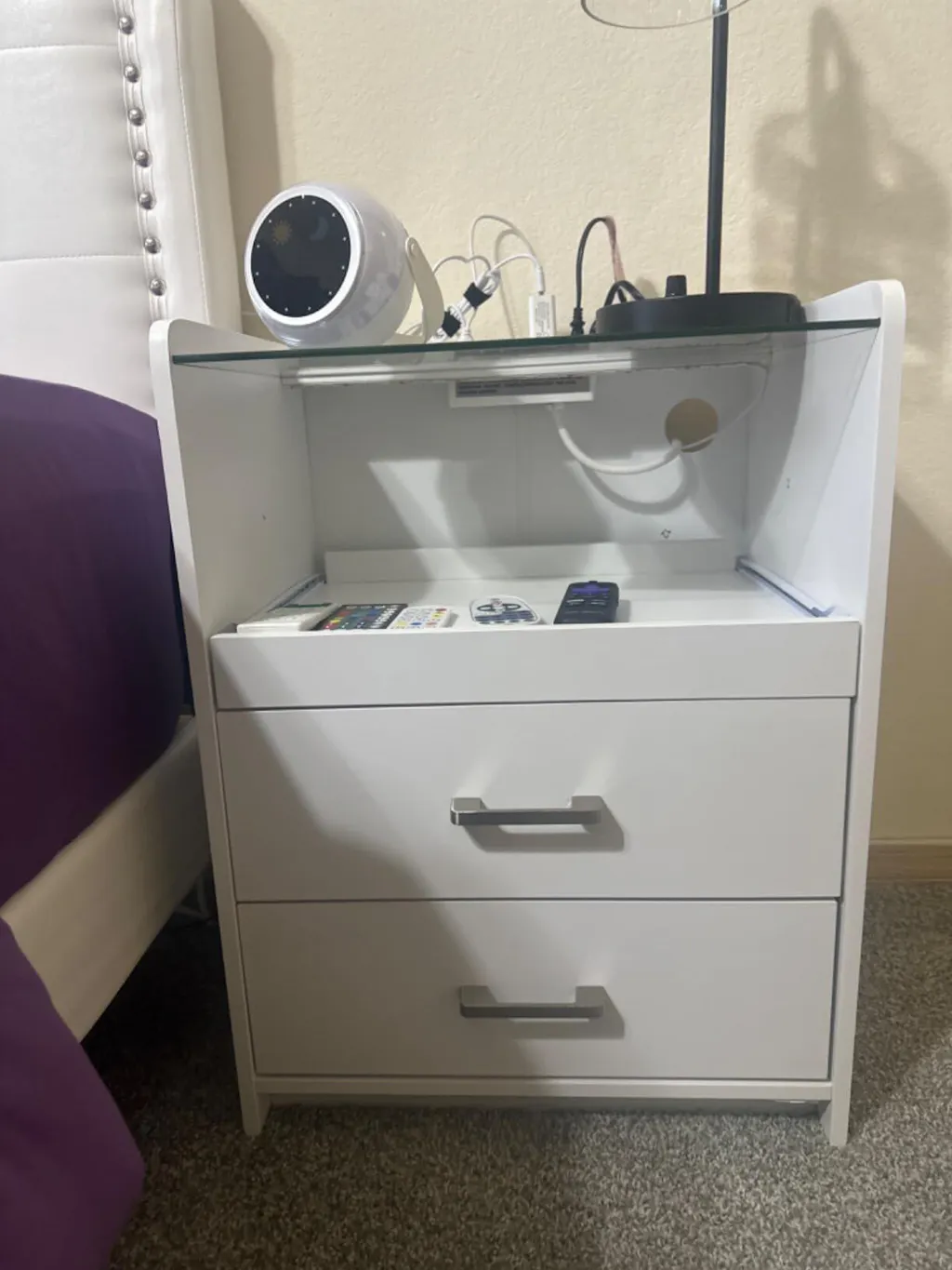 AOGLLATI Nightstand with Charging Station and LED Lights Night Stand with Pull-Out Tray and 2 Drawers Bedside Table