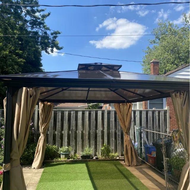 10x13' Outdoor Aluminum Frame 2-Tier Polycarbonate Roof Gazebo, with Mosquito Netting and Curtains- Black