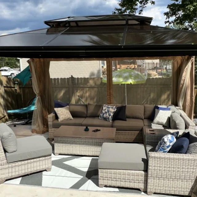 10x13' Outdoor Aluminum Frame 2-Tier Polycarbonate Roof Gazebo, with Mosquito Netting and Curtains- Black