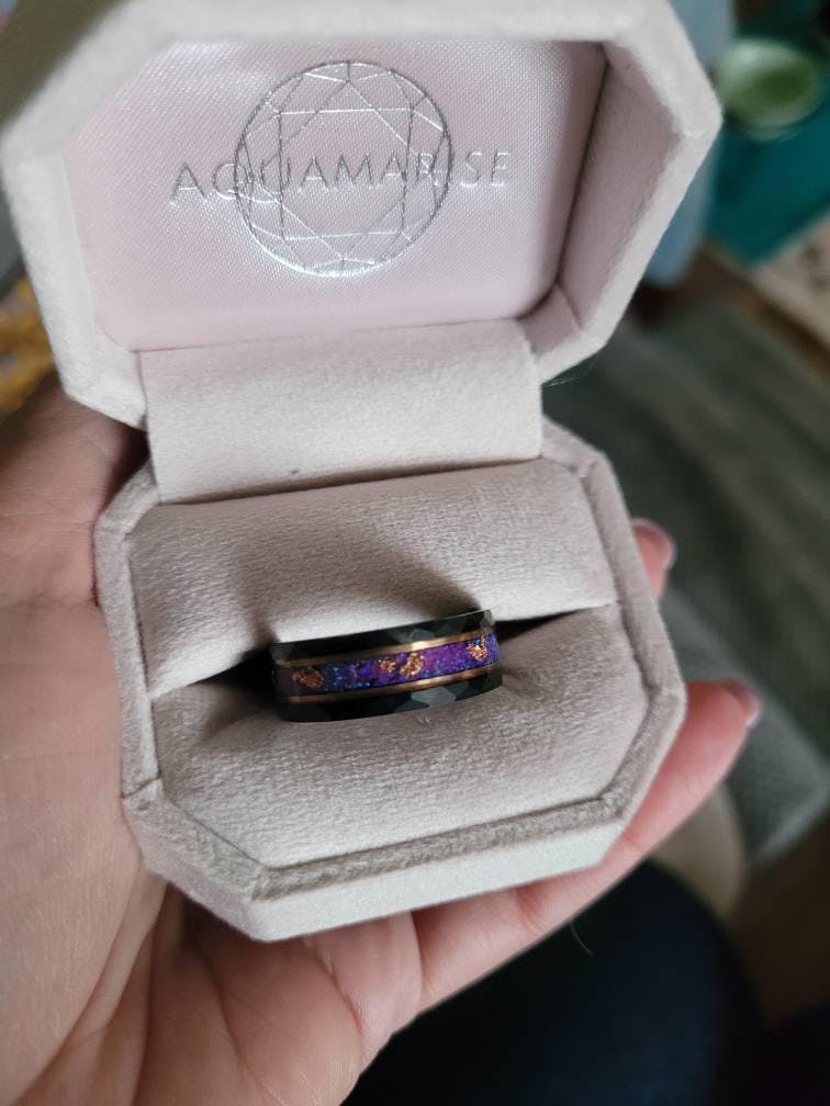 Purple Fire Opal & Rose Gold Leaf Band - 8MM Black Tungsten