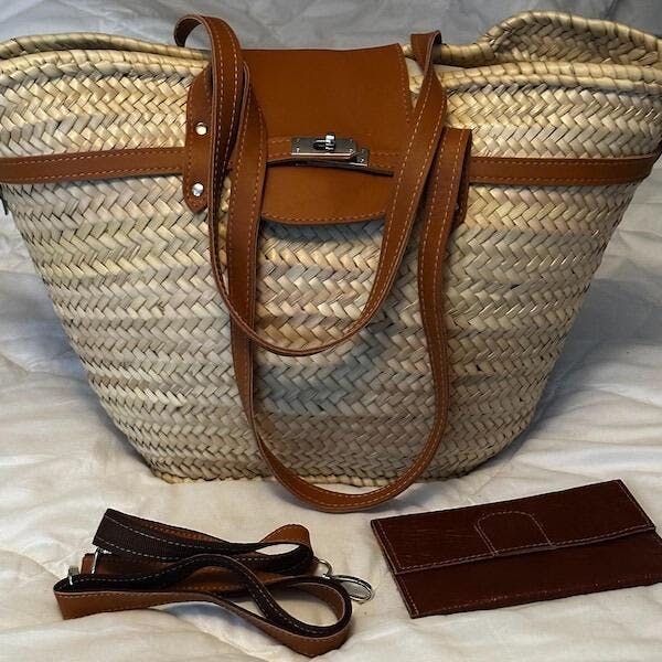 Amazon.com: French basket with leather strap, Straw backpack