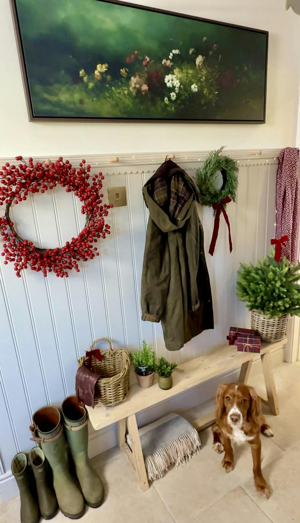 Vintage Wild Flowers Dark Green Horizontal Wall Art - Wide Long Narrow Wall Decor