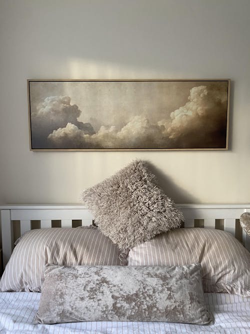 Long Horizontal Vintage Cloud Artwork Above Bed Wall Art