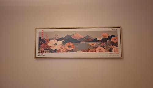 Yayoi Kusama Floral Landscape – Long Narrow Framed Canvas - Japanese Flower & Mountain Wall Art