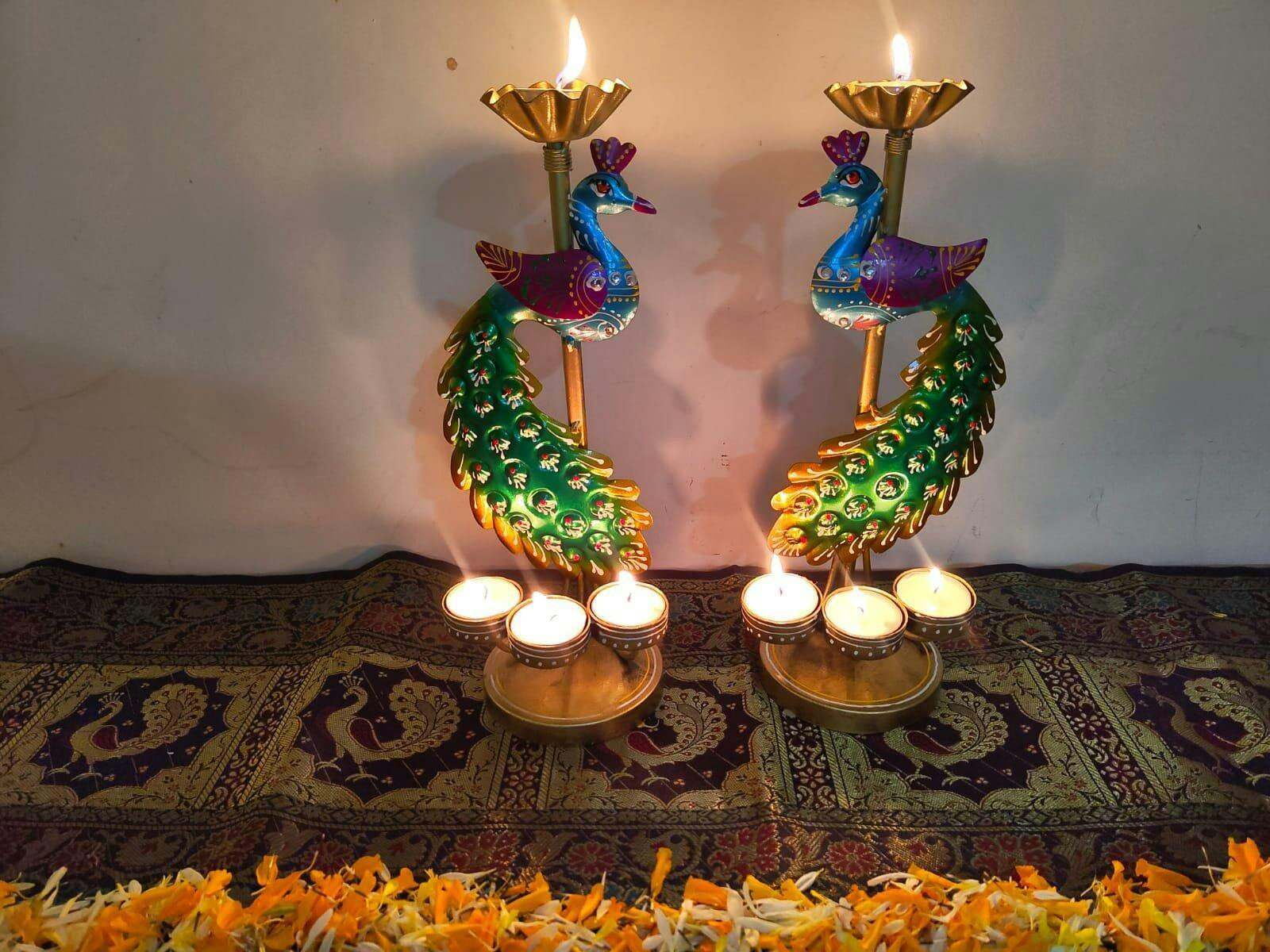 Buy Handpainted Peacock Iron Candle Holder Set of 2 - Atrangi Studio