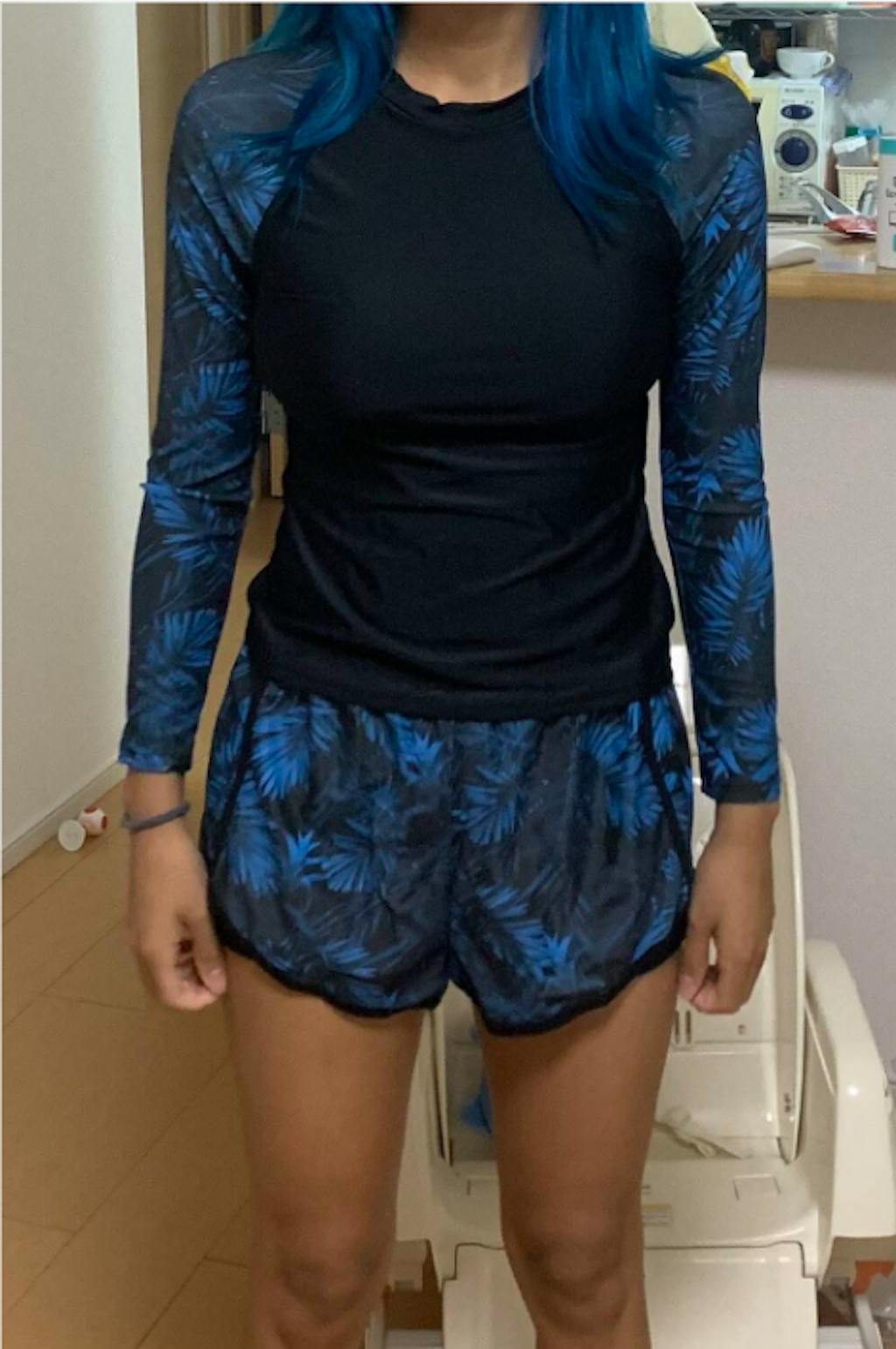 Tropical Print High Neck Shorts Long Sleeve UPF50+ Rash Guard Swimsuit