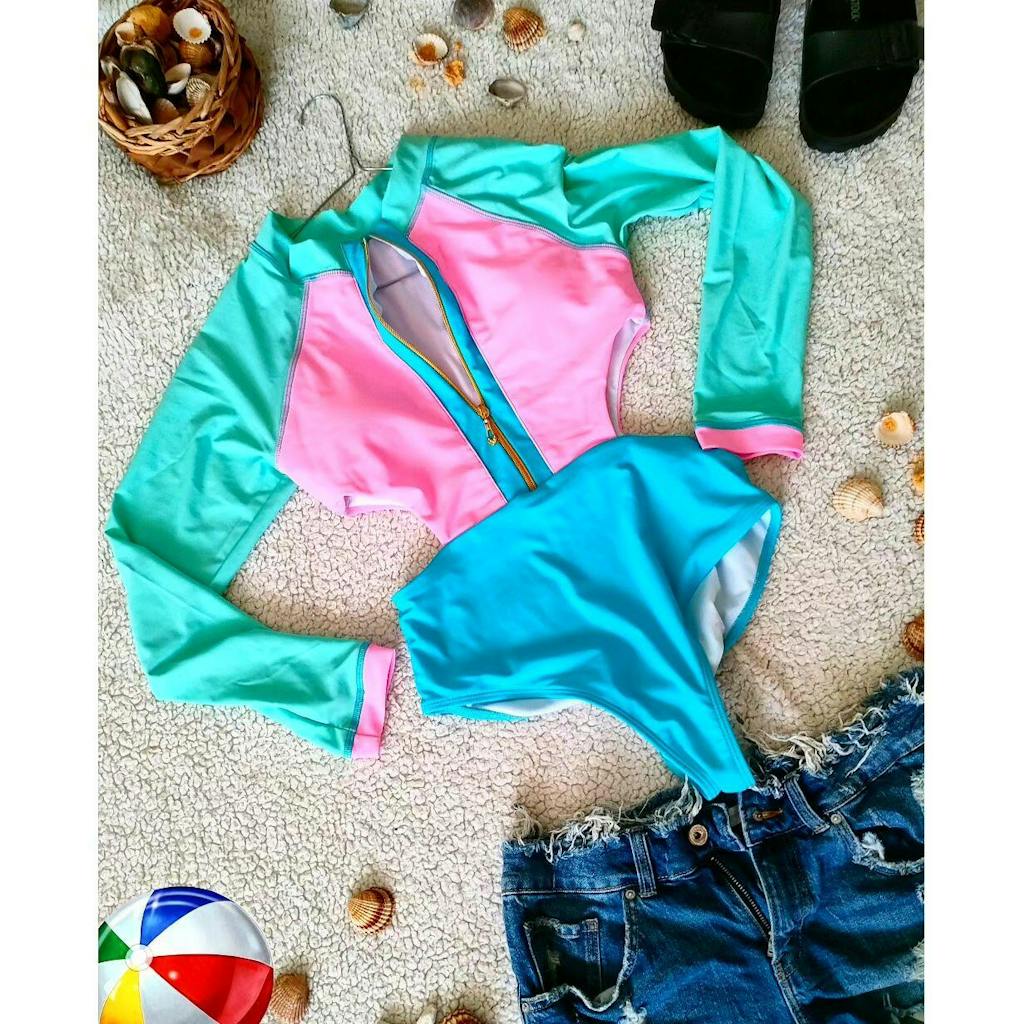 Colorblock Cut Out Zip Long Sleeve UPF50+ Rash Guard