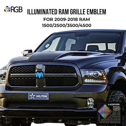 2009–2018 RAM 1500 Black Lighted Grille Emblem with RGB LED Color-Changing Lighting