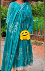 Turquoise Handblock Printed Cotton Anarkali Suit