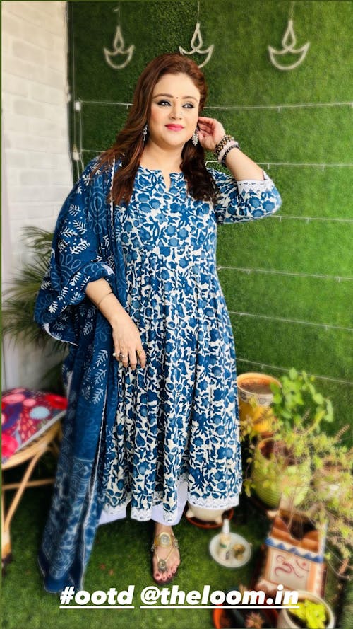 Indigo Dabu Print Anarkali Suit
