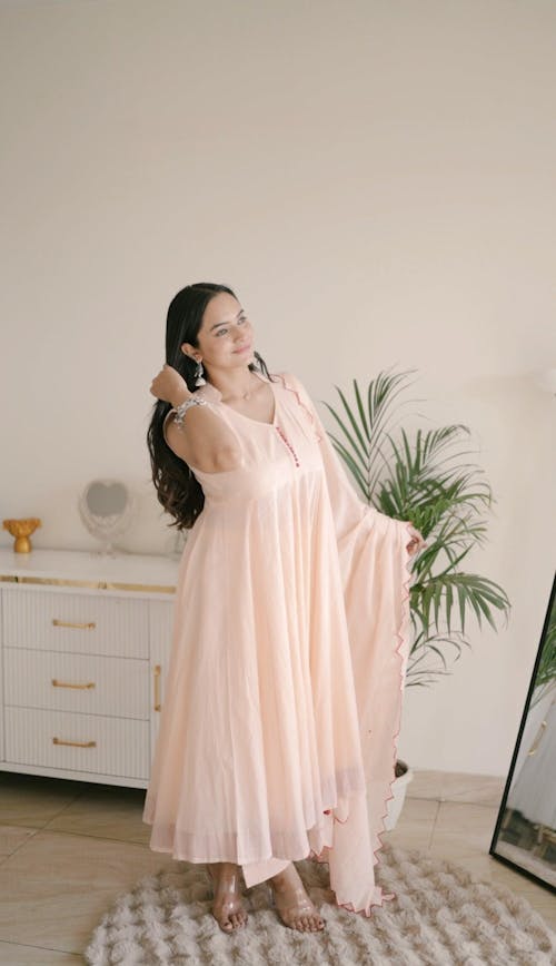 Peach Mulmul Sleeveless Anarkali Suit