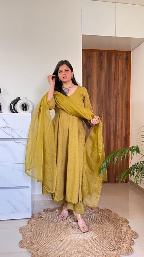 Olive Green Schiffili Anarkali Suit