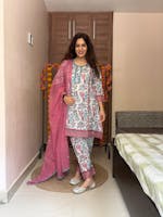 White & Purple Block Printed Cotton Suit Set