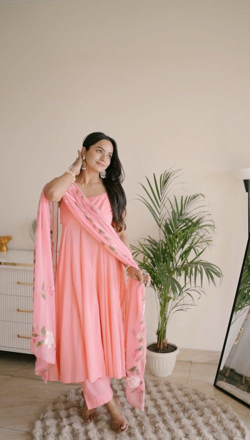 Coral Hand Painted Mulmul Anarkali Suit