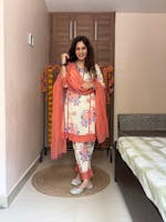 Ivory & Orange Block Printed Cotton Suit Set