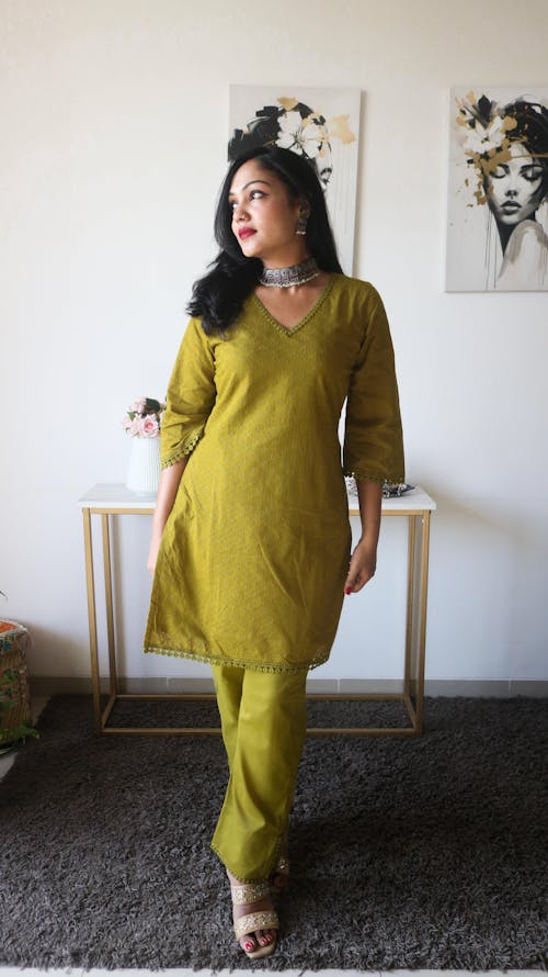 Olive Green Schiffli Kurta Set