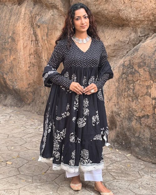 Black Handblock Printed Cotton Anarkali Suit