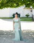 Dusty Sage Cape Mermaid Sequin Floor length Silver Beaded Evening Dresses