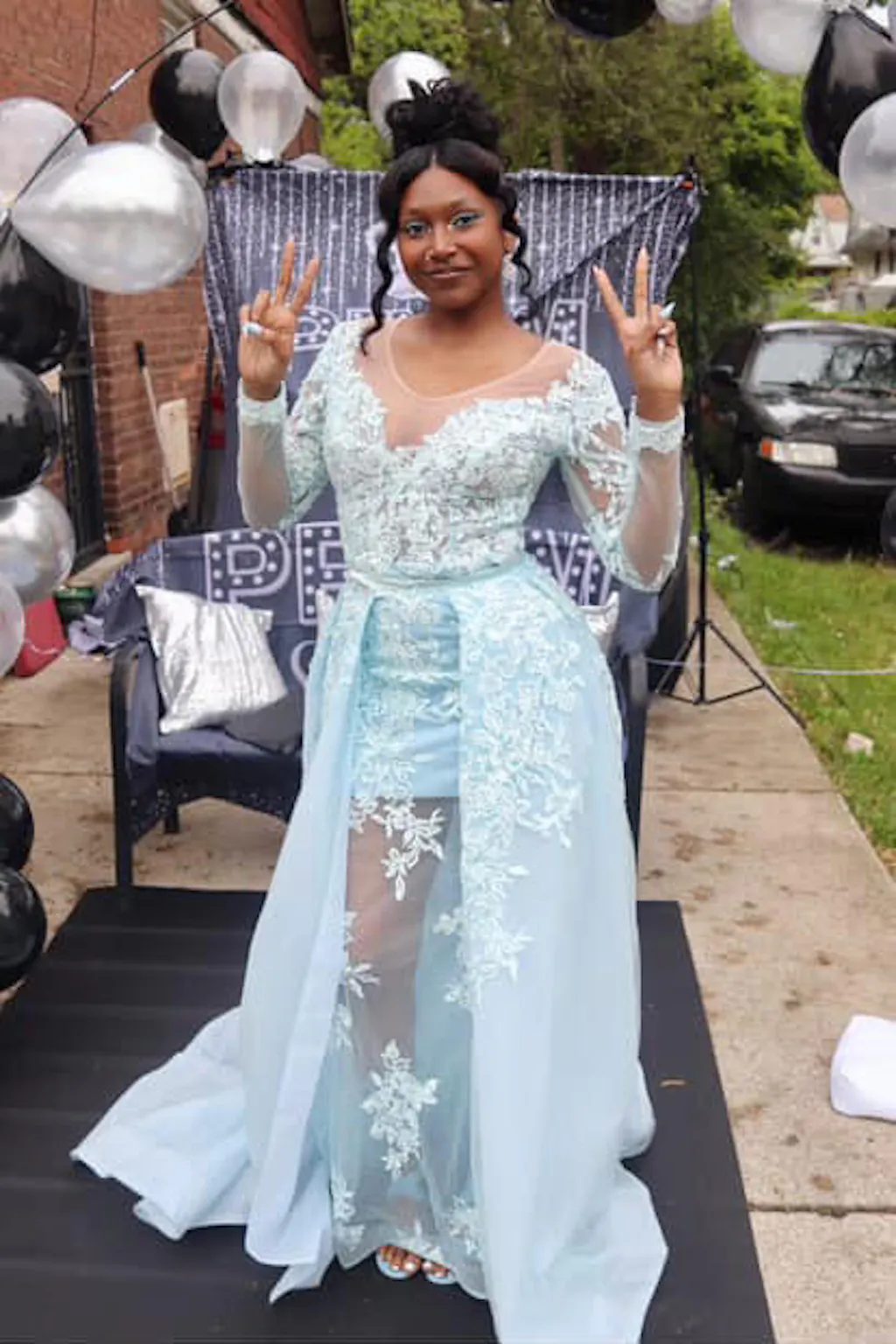 Detachable Train Mermaid Blue Appliques Prom Dress LBQ0629 main image 1