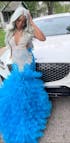Ocean Blue Mermaid Tulle Ruffle Prom Dress Long With Beadings