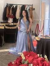 Dusty Blue One shoulder High Split Beaded Long Prom Dresses