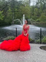 Elegant Red flowers Ruffles High Split Sleeveless Mermaid Prom Dresses