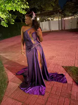 Dusty Blue One shoulder High Split Beaded Long Prom Dresses
