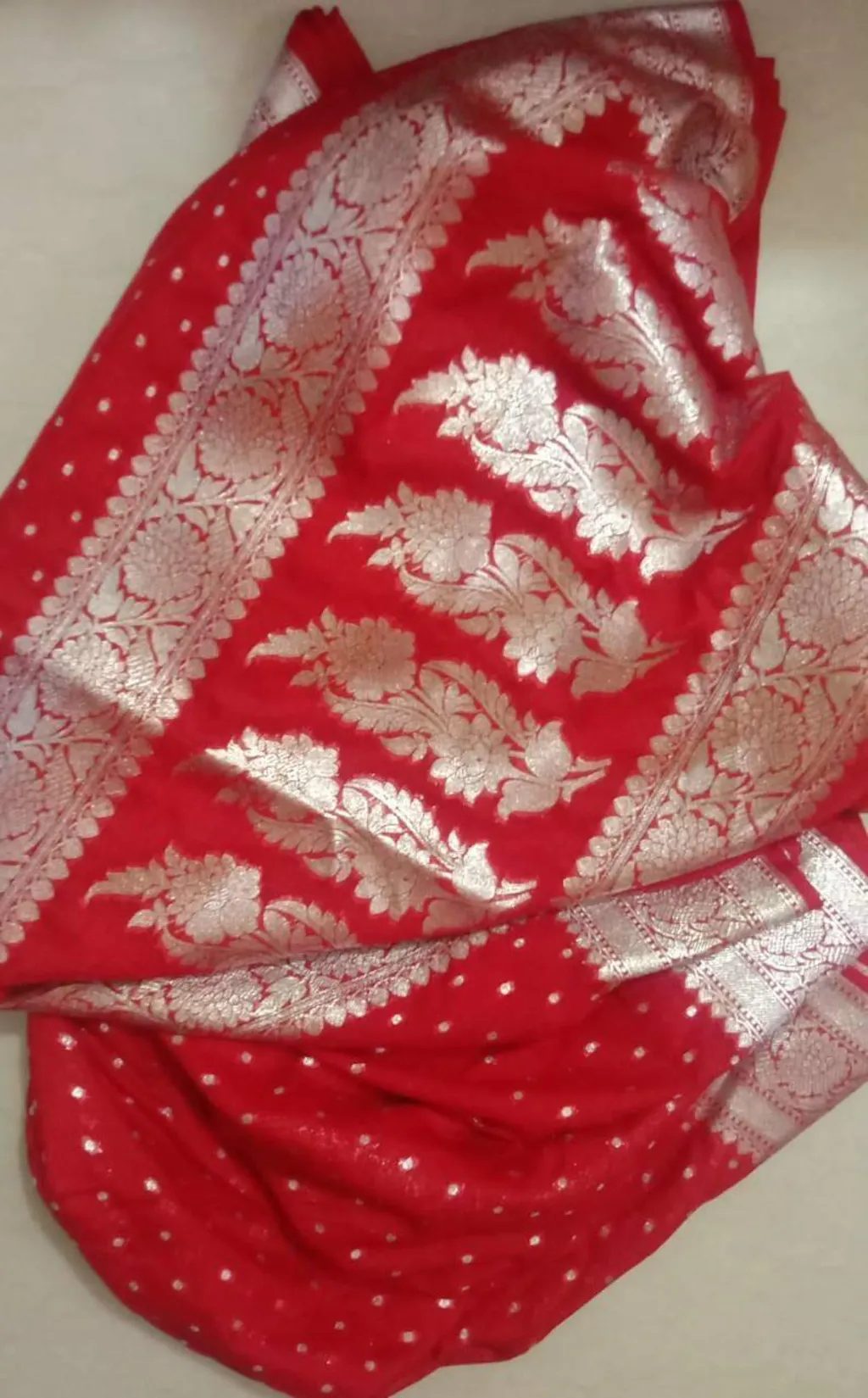Banarasi semi georgette silk saree with silver zari buti design, contrast pallu and woven border for women
