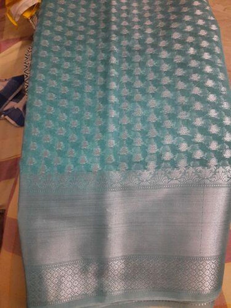 Banarasee Cotton Silk Floral Silver Zari Work Saree-Sea Green