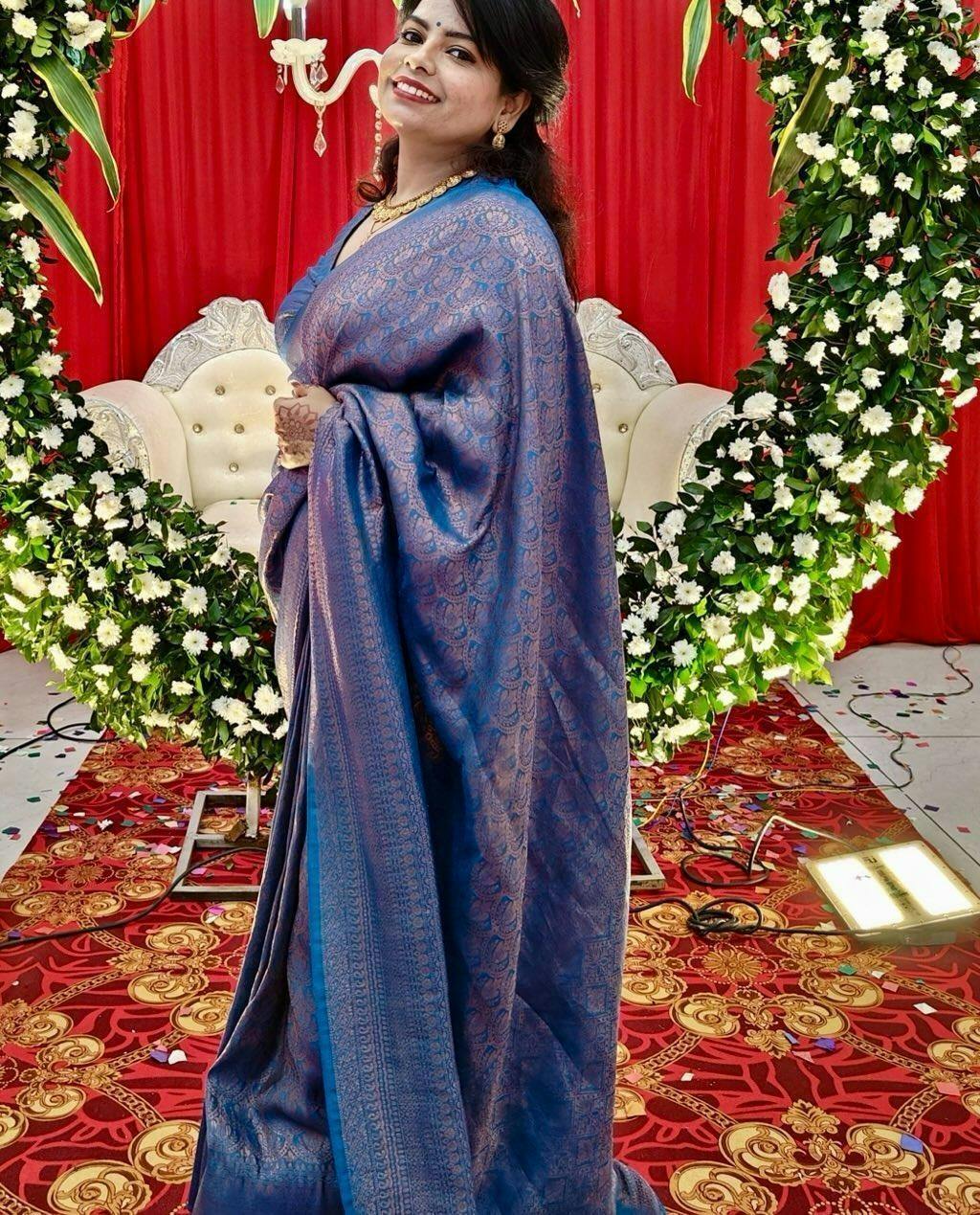 Banarasee Kubera Pattu Soft Silk Saree With Copper Zari Work- Deep Blue