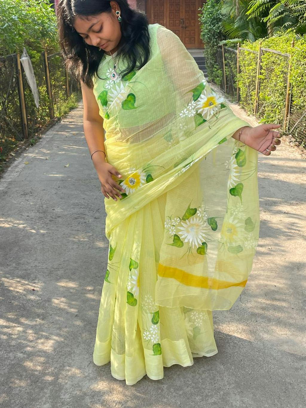 Kota Doria Cotton Mix Saree With Hand-Painted Floral Design-Yellow