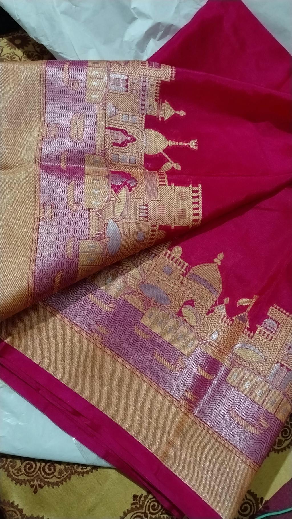 Banarasi Plain Semi Silk Saree With Ganga Ghat Weaving-Pink