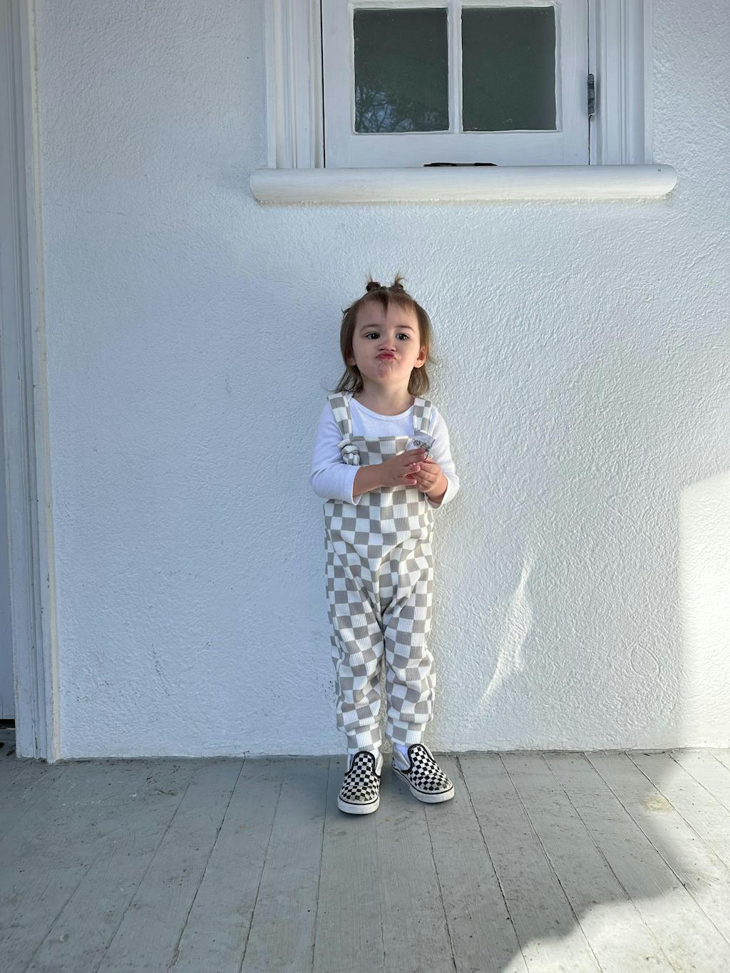 Ziggy Checkered Waffle Romper – Baby & Toddler Romper | Front Tie Straps
  - Black & Greige