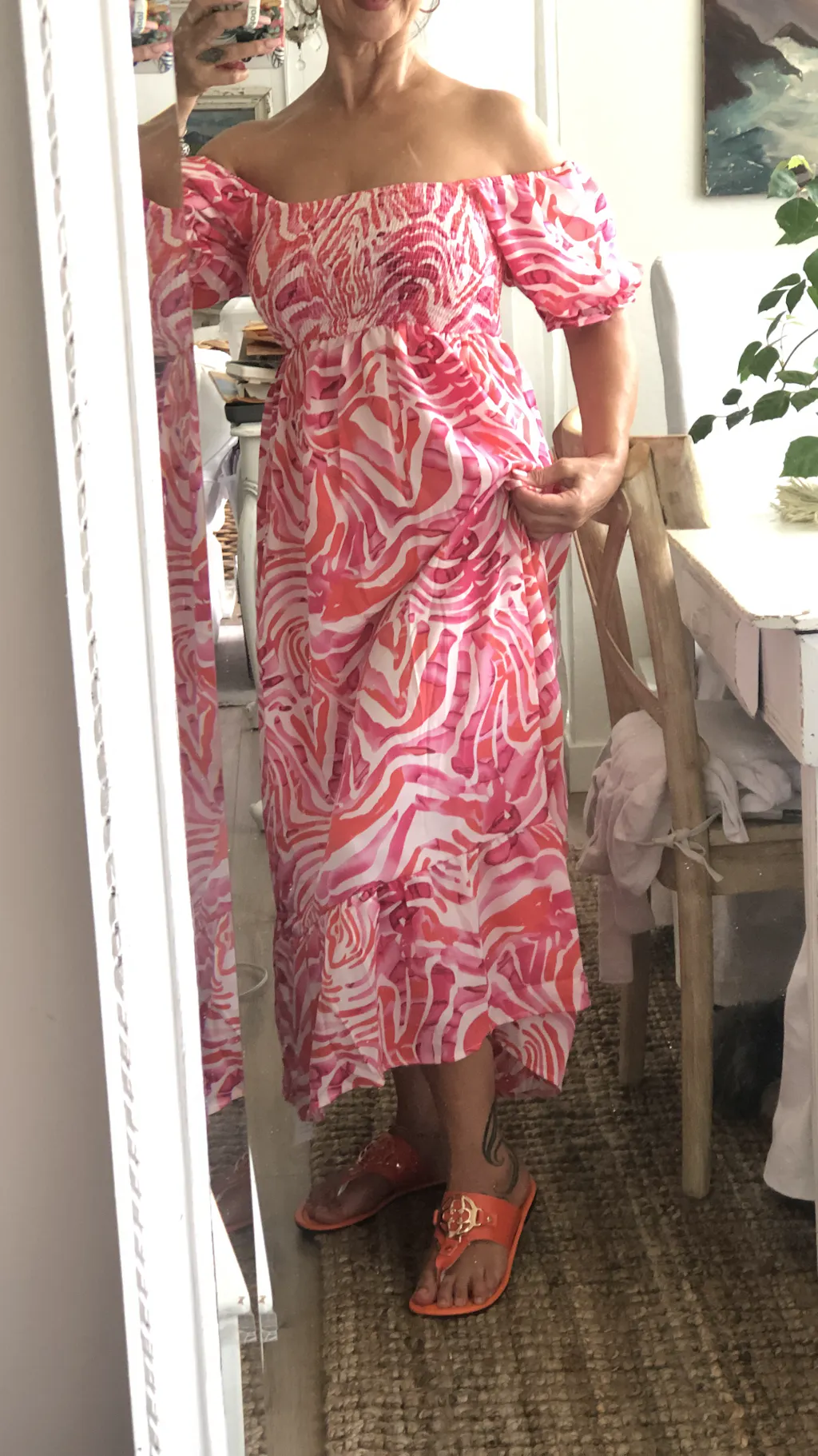 Print Off-Shoulder Smocked Sleeve Dress