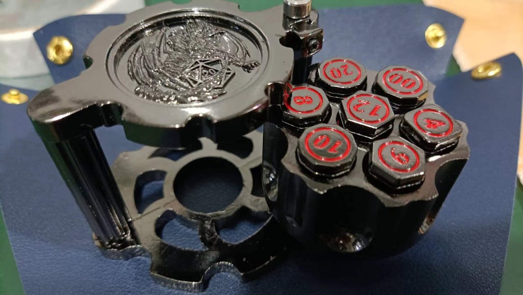 Unique dnd revolver dice set: 7 cool metal dnd bullet dice in the rotating revolver cylindrical magazine