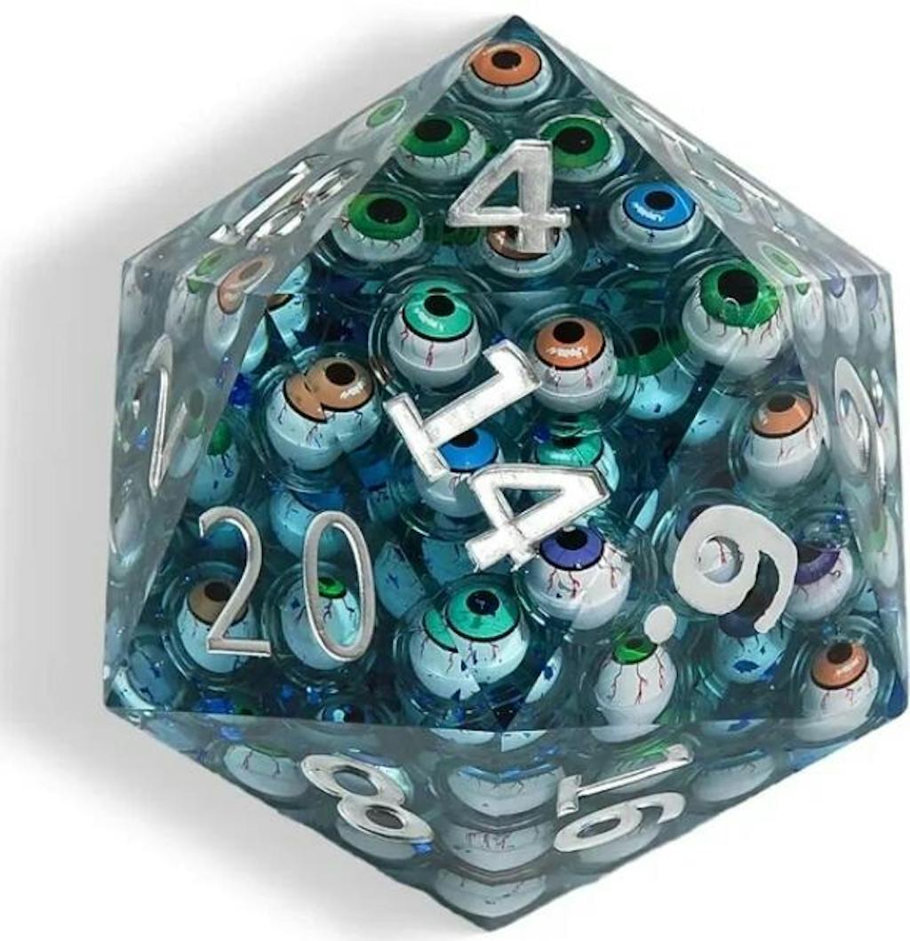 Multifaceted Illusion - 95mm Jumbo Eyeball Resin D20 Dice + Silver Numbers