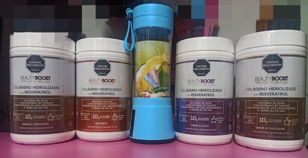 kit 4 colágenos con estevia (coco, sin sabor, 2 chocolate) + mini licuadora portátil GRATIS