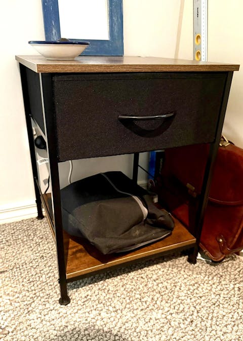 Industrial Bedside Table with Fabric Drawer and Shelf - Brown & Black
