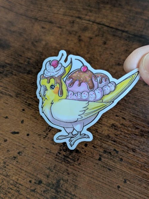 Cockatiel Ice Cream Sundae Sticker - Glossy Vinyl Sticker - 2 x 1.9 Inches