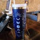 Blue Moon Phase Cute Flower 40oz Tumbler with Handle and Straw, Vintage Mysterious Vibe, Gift for Witch Enthusiast, Stainless Steel Cup