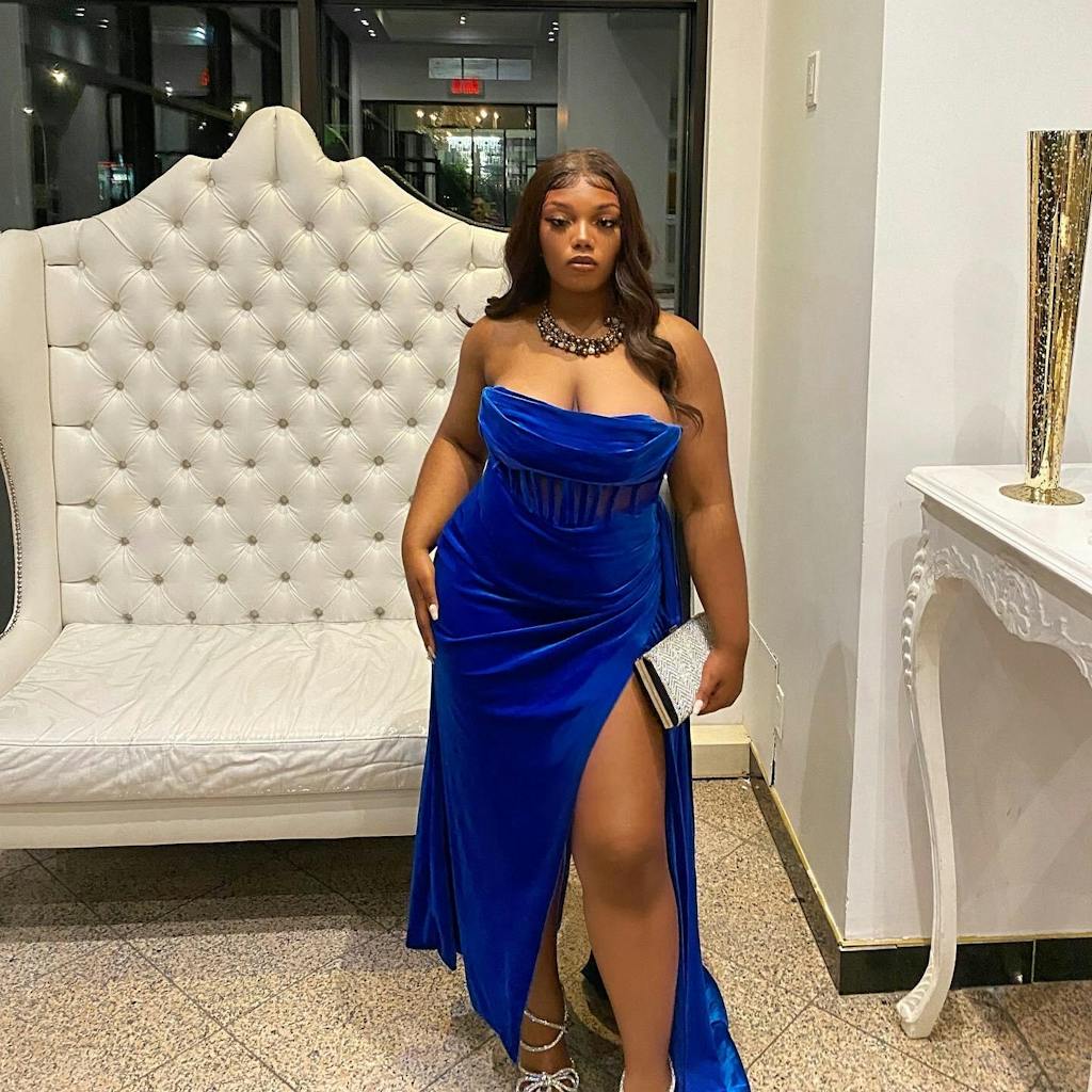 Lamva Corset Velvet Slit Maxi Dress Blue