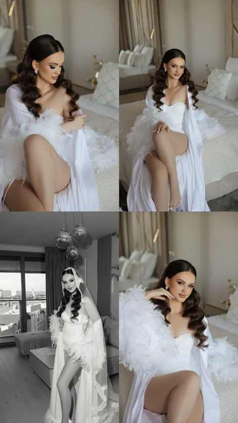Розкішний халат з пірʼям та шлейфом для нареченої Білий