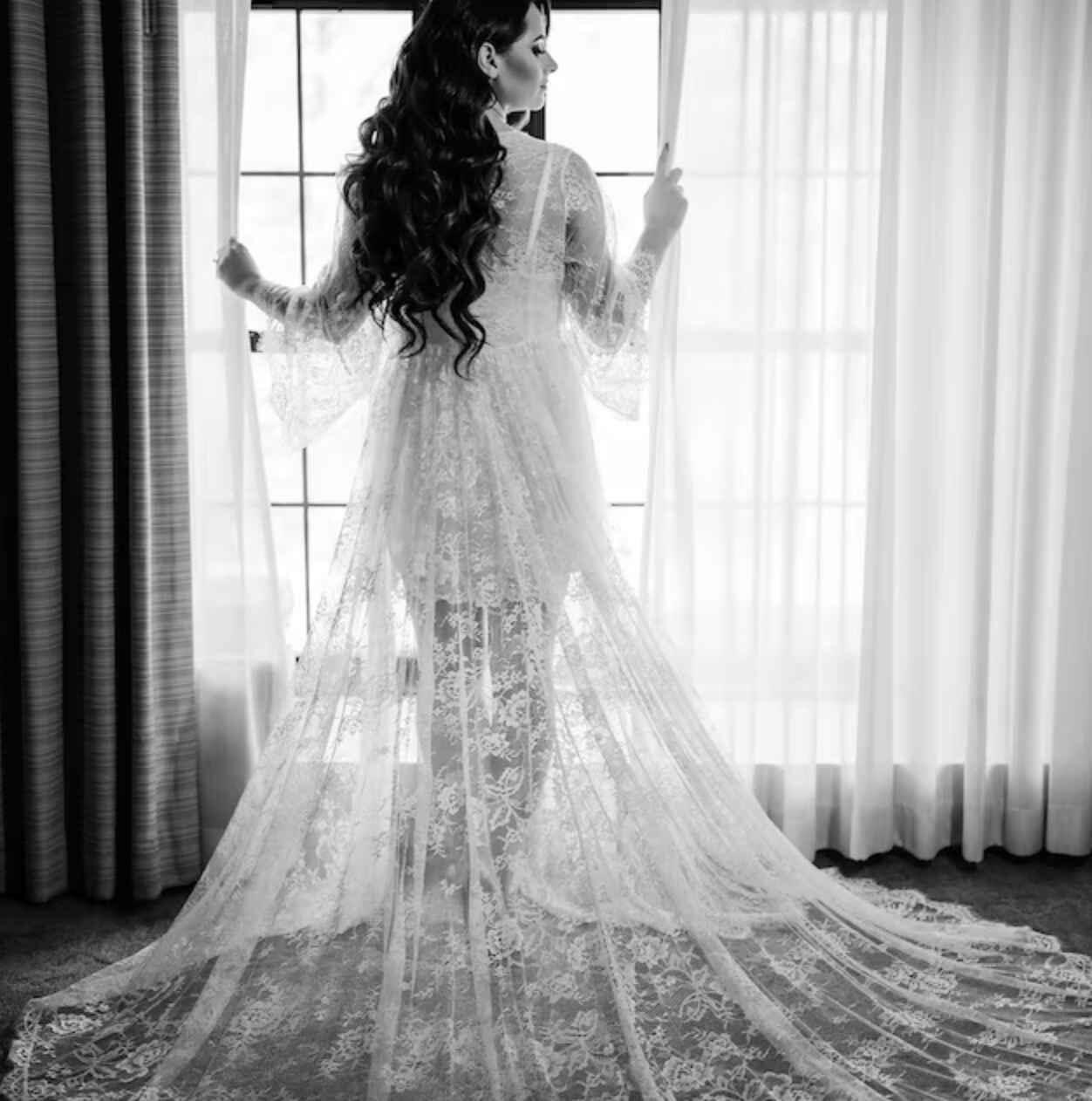 Beautiful Long Lace Bridal shops Robe, perfect touch to your special day Make your wedding photos even more memorable with this stunning lace robe