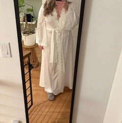 Long bridal robe trimmed with lace Handmade Ivory