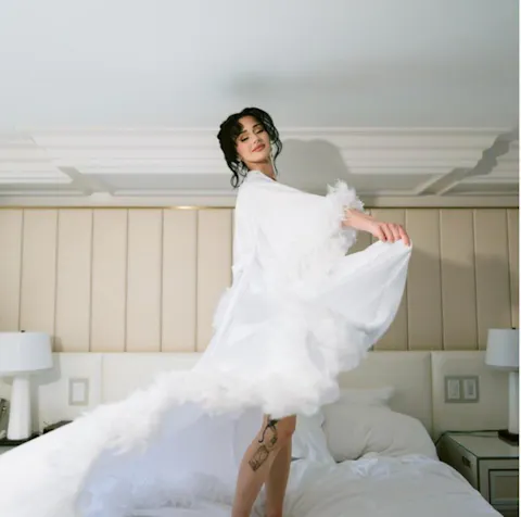 Bridal robe with feathers and train Handmade
