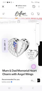 Mum & Dad Memorial Heart Charm with Angel Wings
